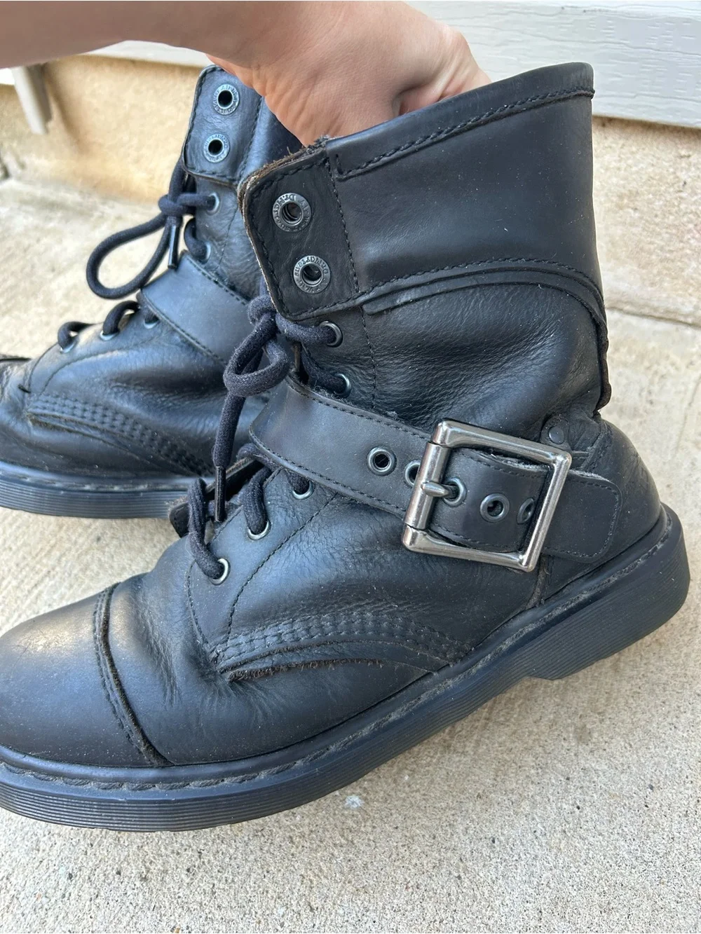 Dr. Martens Triumph 1460 Men Black Leather Lace Combat Boots with Silver Buckle
